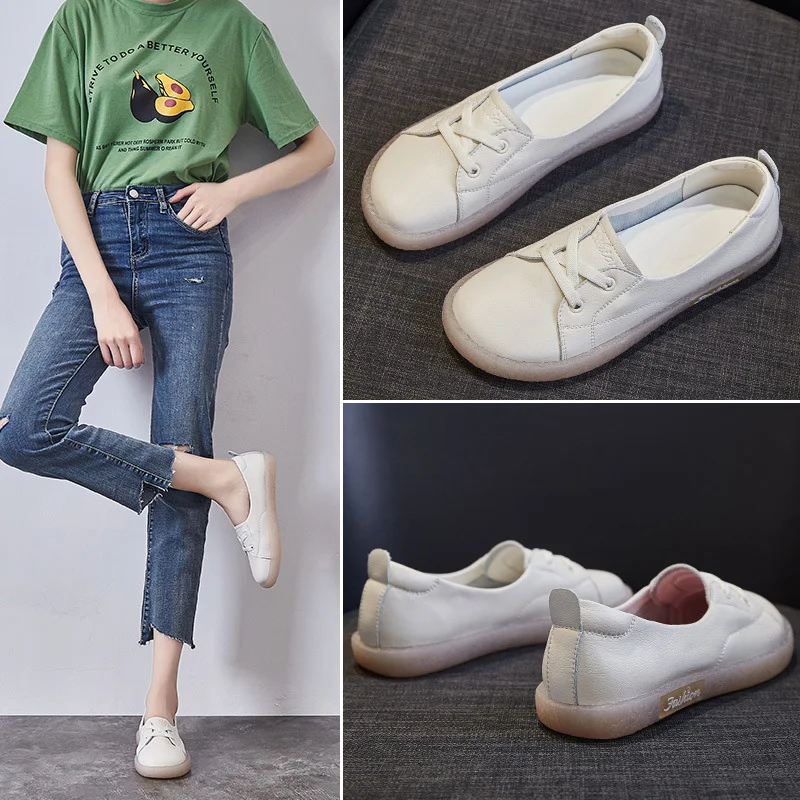 CXJYWMJL Genuine Leather Casual Sneakers Women Plus Size Retro Vulcanized Shoes Spring Autumn Skate Shoes Ladies Sports White