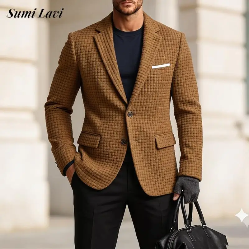 2026 Fall Winter Suit Coat Mens Vintage V Collar Waffle Long Sleeve Outerwear For Men Daily Casual Lapel Blazer Jacket