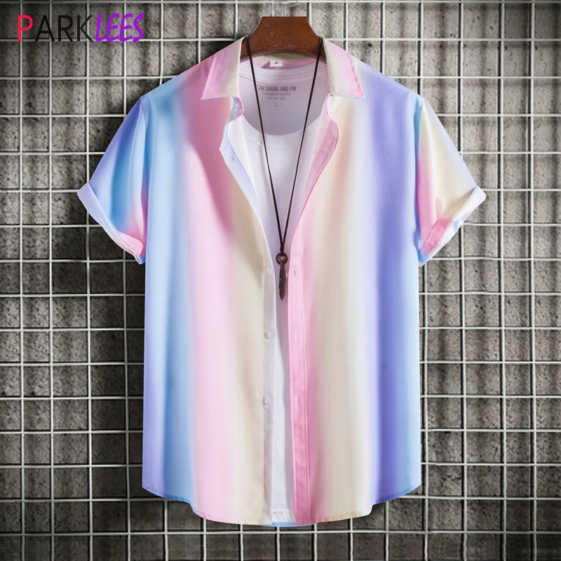 Stlylish Gradient Color Mens Hawaiian Shirt Short Sleeve Casual Button Down Beach Wear Shirt Casual Aloha Party Holiday Clothing