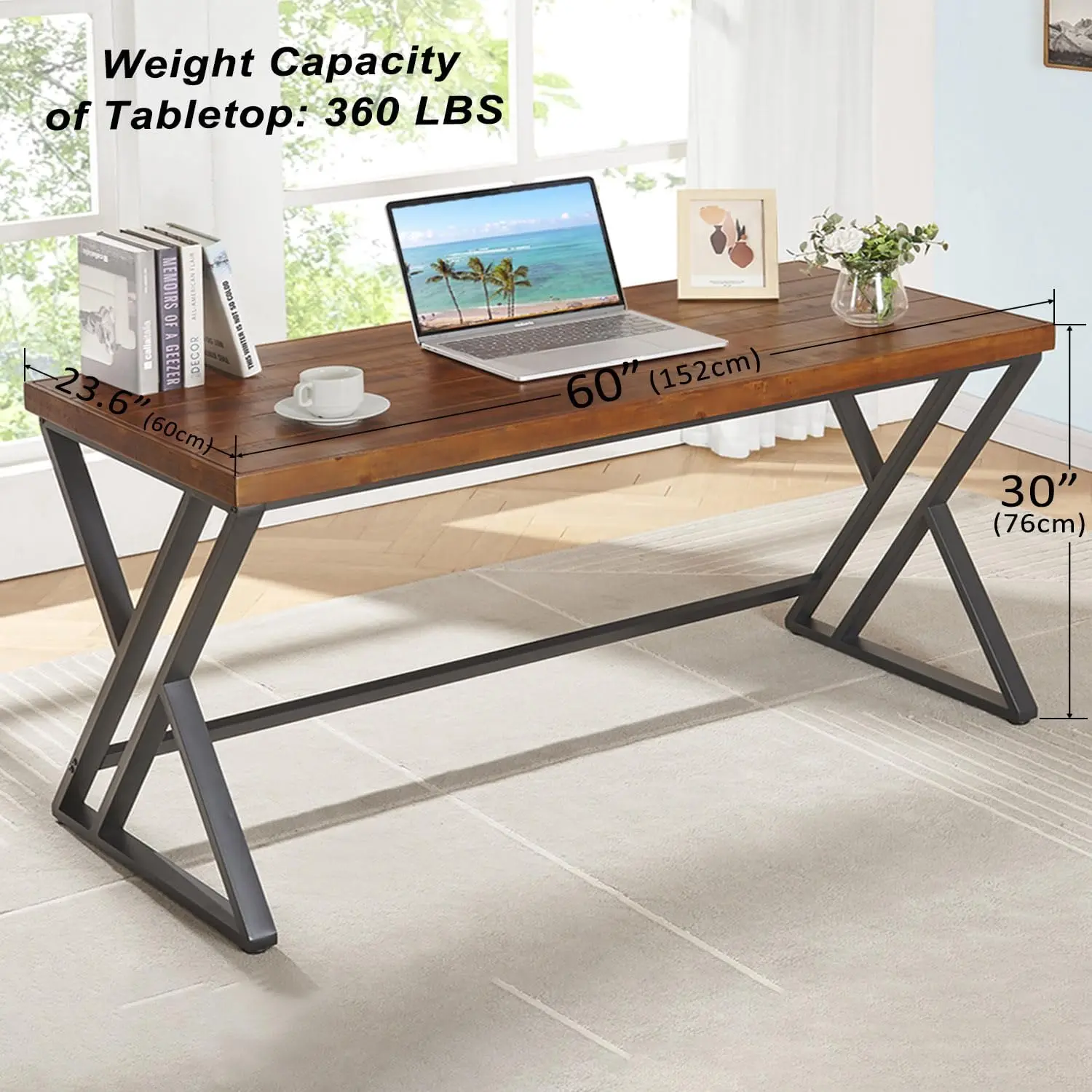 Real Wood Computer Desk, Home Office Solid Wood Writing Desk, Farmhouse Long Natural Wood Executive Work Desk, Industrial