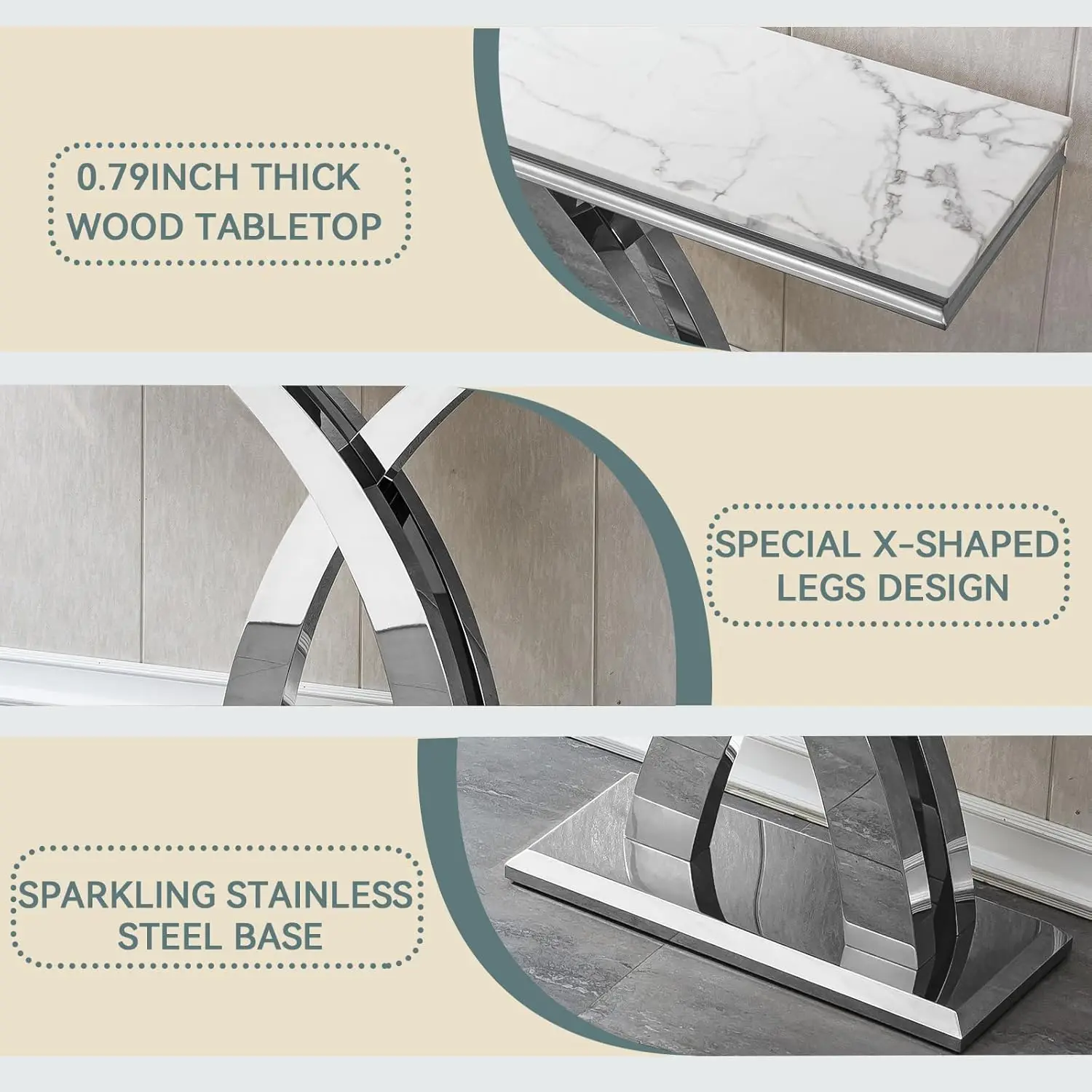 46.85'' Marble Console Table,Modern Luxury Long Narrow Console Entryway Table Hallway Table with Silver X-Shape Stainless Steel