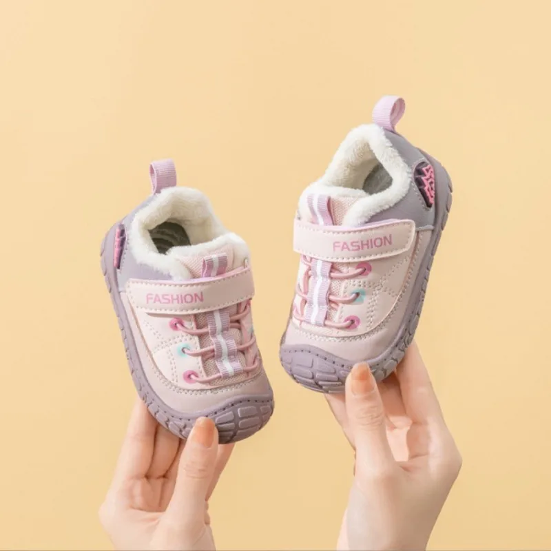 Black baby wide toe walking shoes winter New warm dad shoes boys' non slip sports shoes girls' leather running shoes Size 16-25