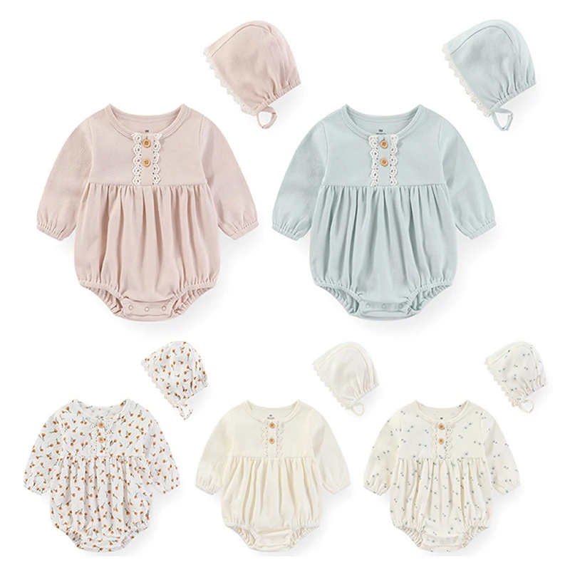 Cotton Newborn Baby Girls Clothes 0-24Months Long Sleeve Bodysuit+Hat Sets Lace Print Baby Girl Jumpsuit Solid Color Bebes