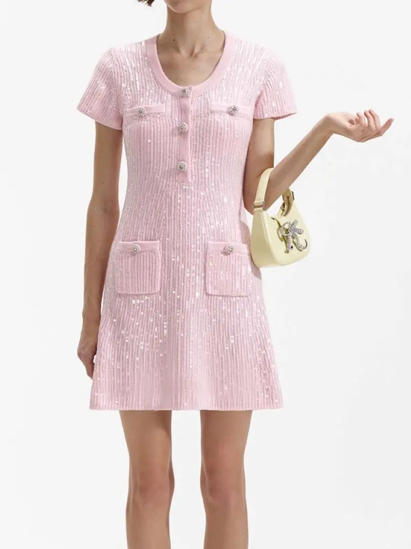 

Women Sequin Mini Dress O-Neck Short Sleeve Rhinestone Buttons Sweet 2024 Summer Robe