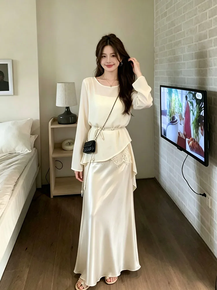 

Fashionable Versatile Spring Summer Two-Piece Set Elegant Apricot Sunshade Cover-Up Top Half-Skirt Ensemble Women's Wear