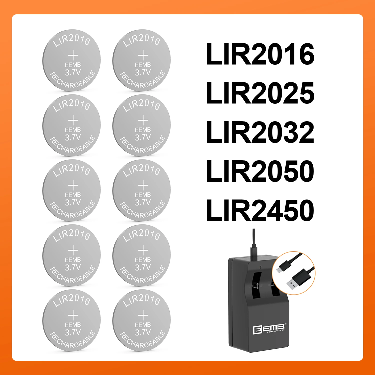 Pile bouton EEMB LIR2016 lir2025 LIR2032 lir2430 lir2450 LIR2050 3.7 V/3.6 V pile bouton rechargeable avec chargeur (en option)