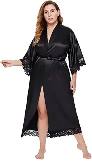 Female Lace Patchwork Long Bathrobes Nightgown Soft Silk Dressing Gown Bathrobe For Women Sleepwear Ladies Sexy Sleepwear