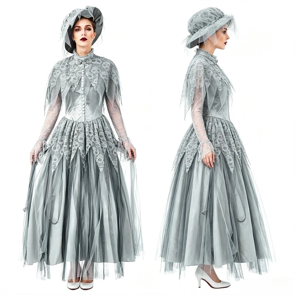 Women Vintage Ghost Bride Costume Skull Lace Long Sleeve Tulle Maxi Dress Victorian Zombie Bride Outfit Halloween Dress PS66