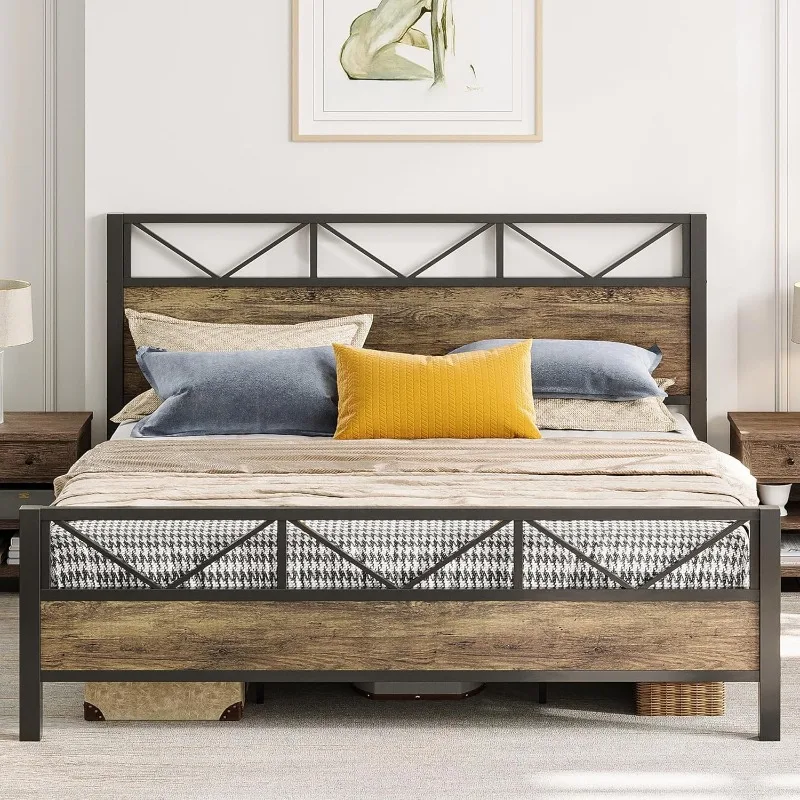 King Bed Frame, Tall Industrial Headboard 51.2 