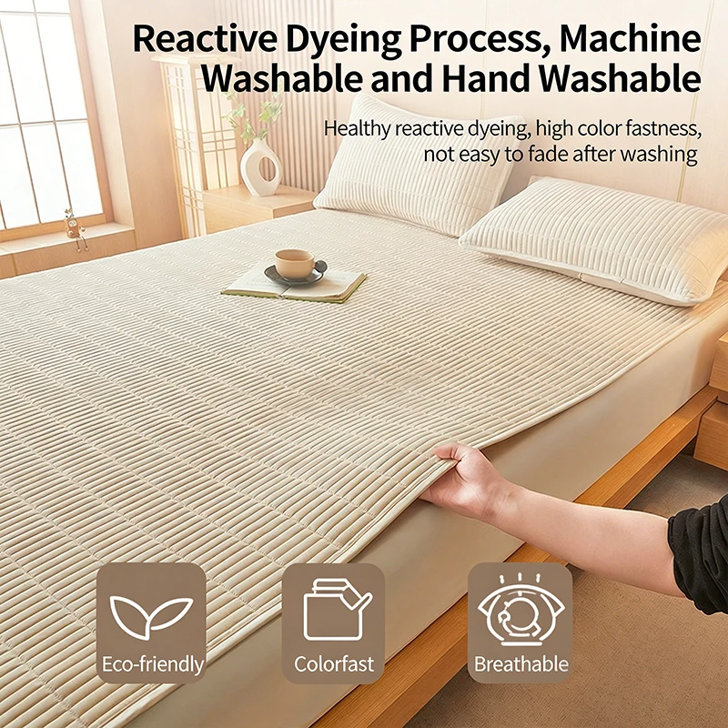 Waterproof Striped Bedspread 3D Quilted Skin Friendly Mattress Protector Non Slip Washable Bed Pad with Elastic Straps Bedding