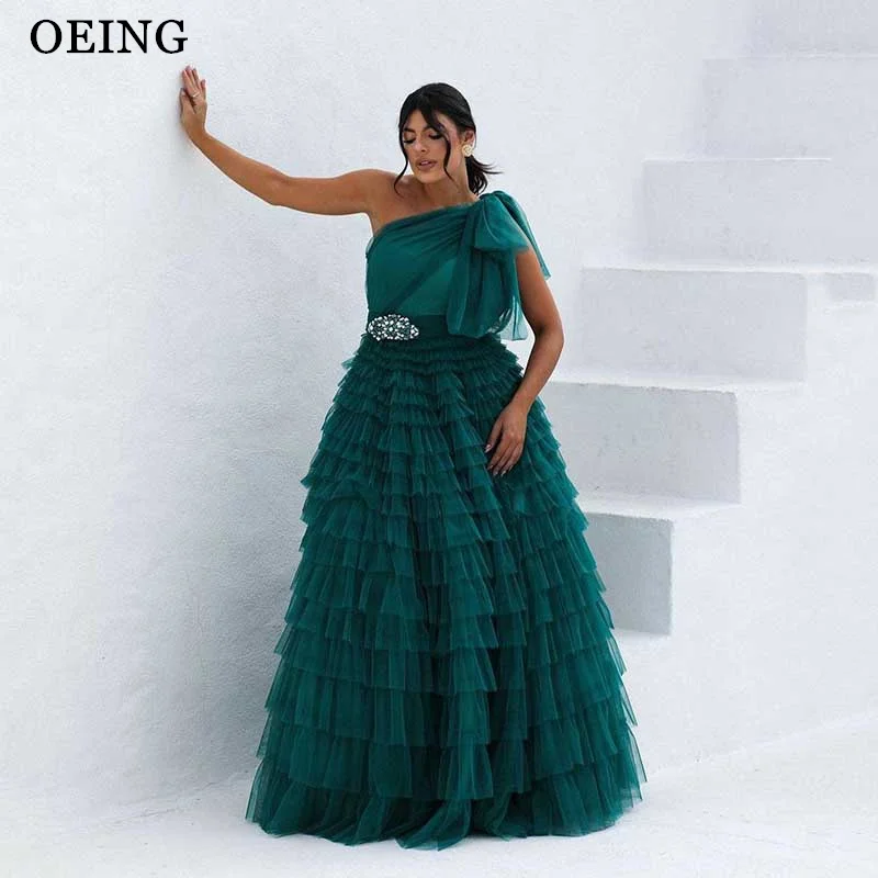 OEING Green Prom Dress One Shoulder Ruffles Pleated Evening Dresses Simple Tulle Tiered Party Dress Vestidos De Fiesta Gala