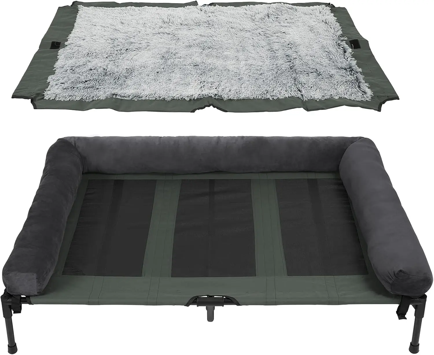 Outdoor Elevated Dog Bed Cooling Raised Pet Lounger Bed Mesh Cot Sleep Camping Bed with Detachable Plush Bolster