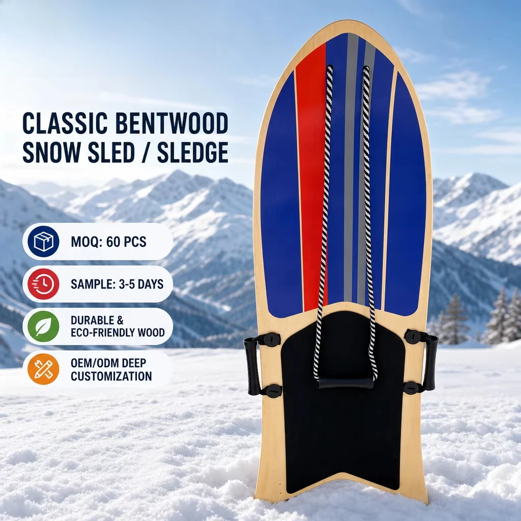 Classic Bentwood Snow Sled, Tow Rope, Dual Handles, Eco-Friendly Wooden Sledge, Winter Outdoor Snow Sliding Toy