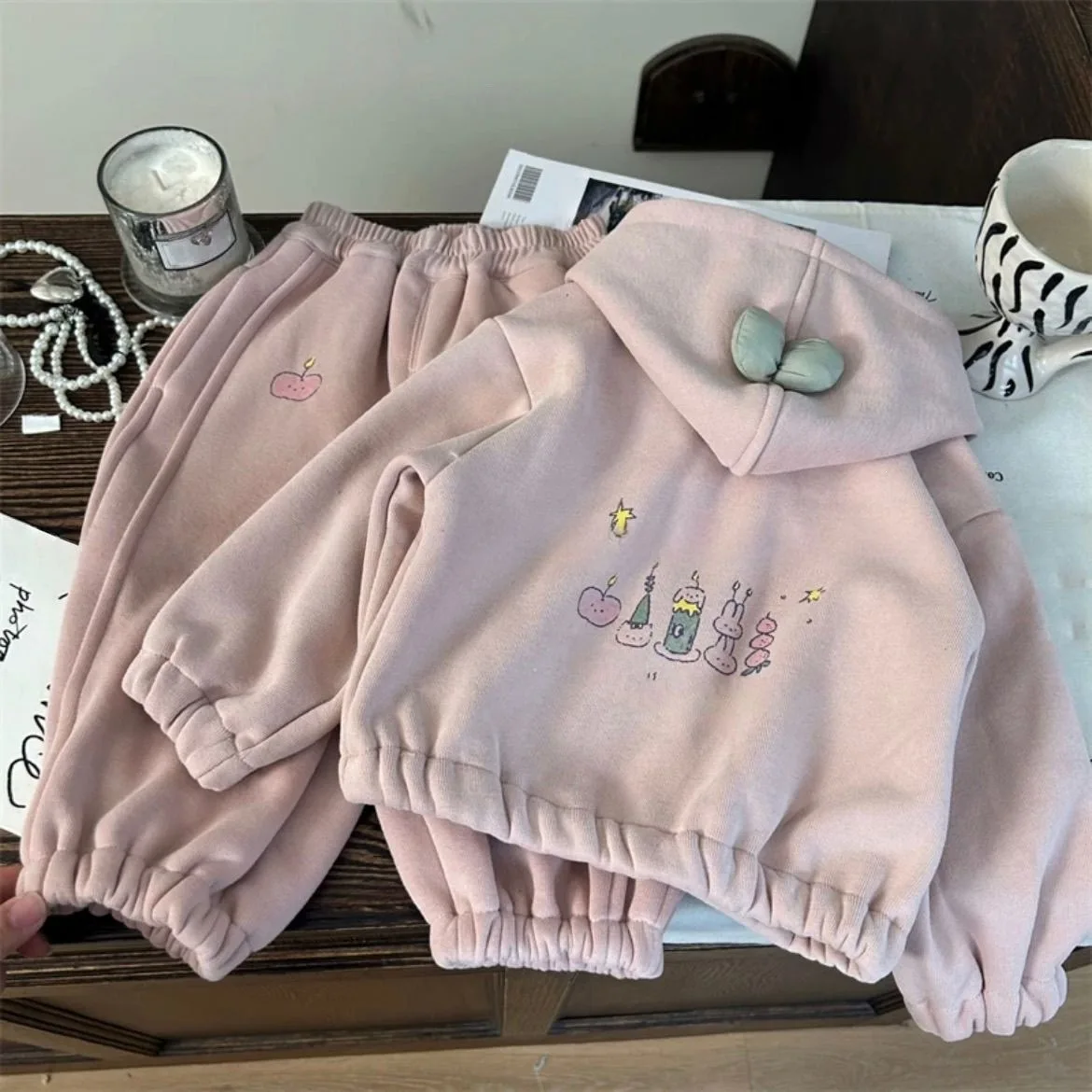 2026 Winter New Children Fleece Clothes Set Boys Girls Hooded Sweatshirt Coat + Pants 2pcs Suit Kids Plus Velvet Thick Outfits