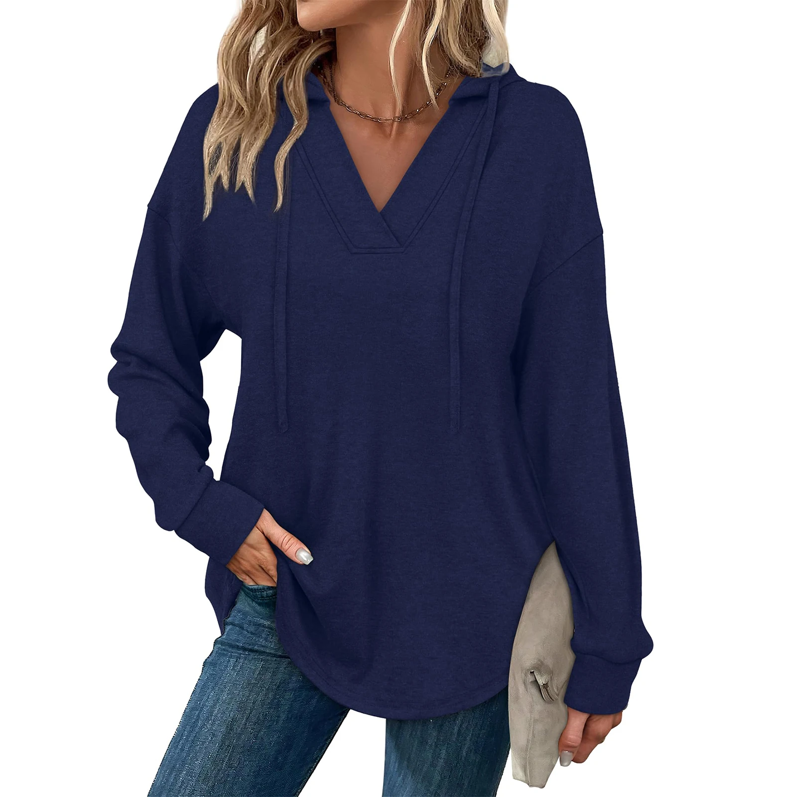 Tops Für Frau Frauen Mode Einfarbig Lange-Sleeve Mit Kapuze V-ausschnitt Casual Sweatshirt Top Frau Kleidung Winter Kleidung frau