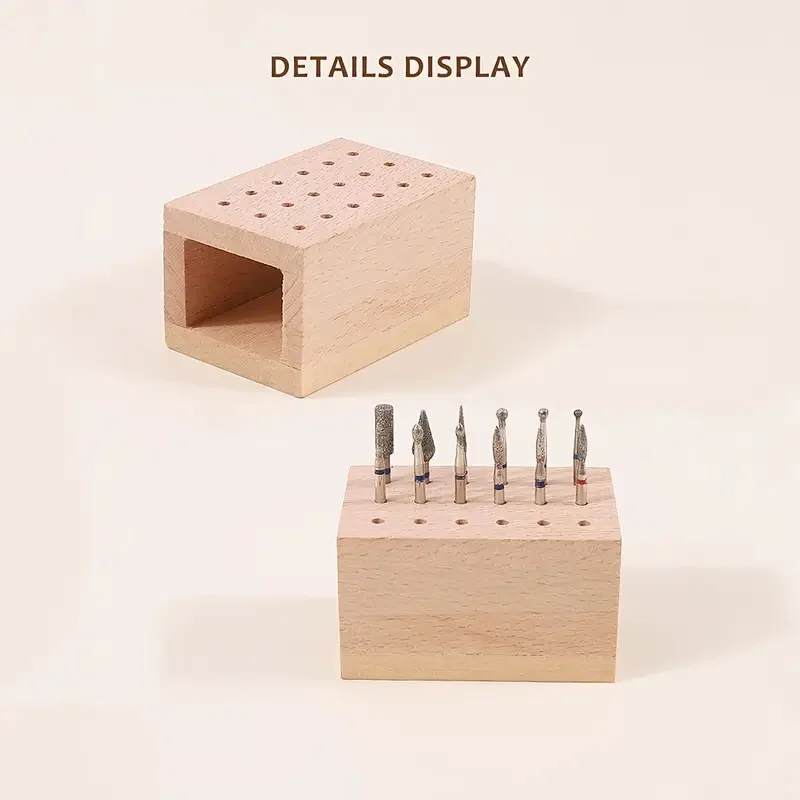 Nail Drill Holders Organizer Nails Polish Head Storage Box with 18 Predrilled Holes Wooden Manicure Polishing Head Storage Board