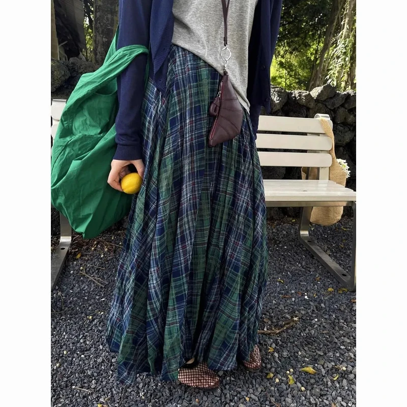 Vintage Plaid Skirts Women 2025 Spring Summer Elastic Waist Folds Large Swing A-line Long Skirt Beach Style Chic Faldas