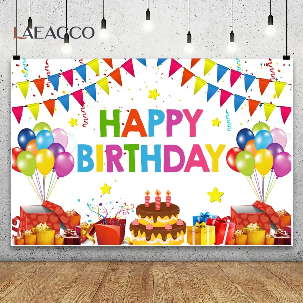 Laeacco Photo Backgrounds Balloons Baby Birthday Party Decor Flag Gift Ribbons Portrait Family Photography Backdrop Photo Studio