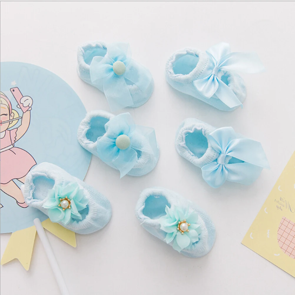 

1 Pair Cotton Socks for Girl Toddler Newborn Infant Anti Lace Flower Bow Tie Floor Socks - Size (Sky Blue, Random Style)