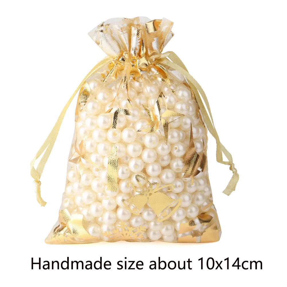 50pcs/lot Organza Bag Jewelry Packaging Hot Printing Snowflake Christmas Gift Bags Storage Wedding Drawstring Pouches Wholesale