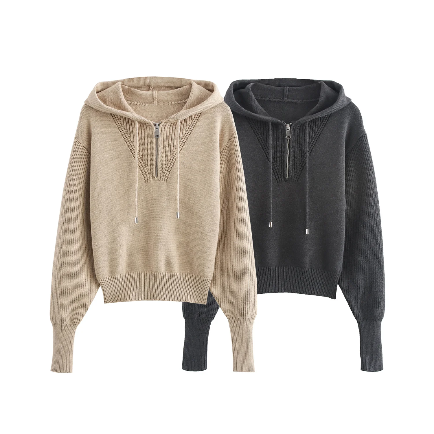

Autumn And Winter New Women's Clothing Sweet And Fashionable Simple Thread Drawstring Zipper Hooded Knitted Sweater