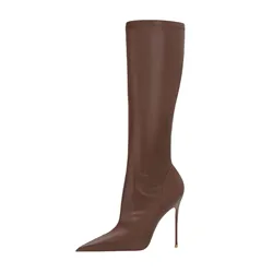 Arden Furtado Winter Brown Knee High Boots Pointed toe Sidek zipper Super high heel Modern boots Simple style Black Skinny boots