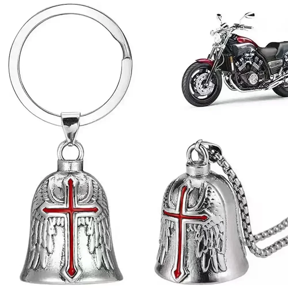 Angel Wings Motorcycle Bell Keychain, Punk Rock Stainless Steel Pendant Men's Riding Exorcism Amulet Trendy Biker Accessories