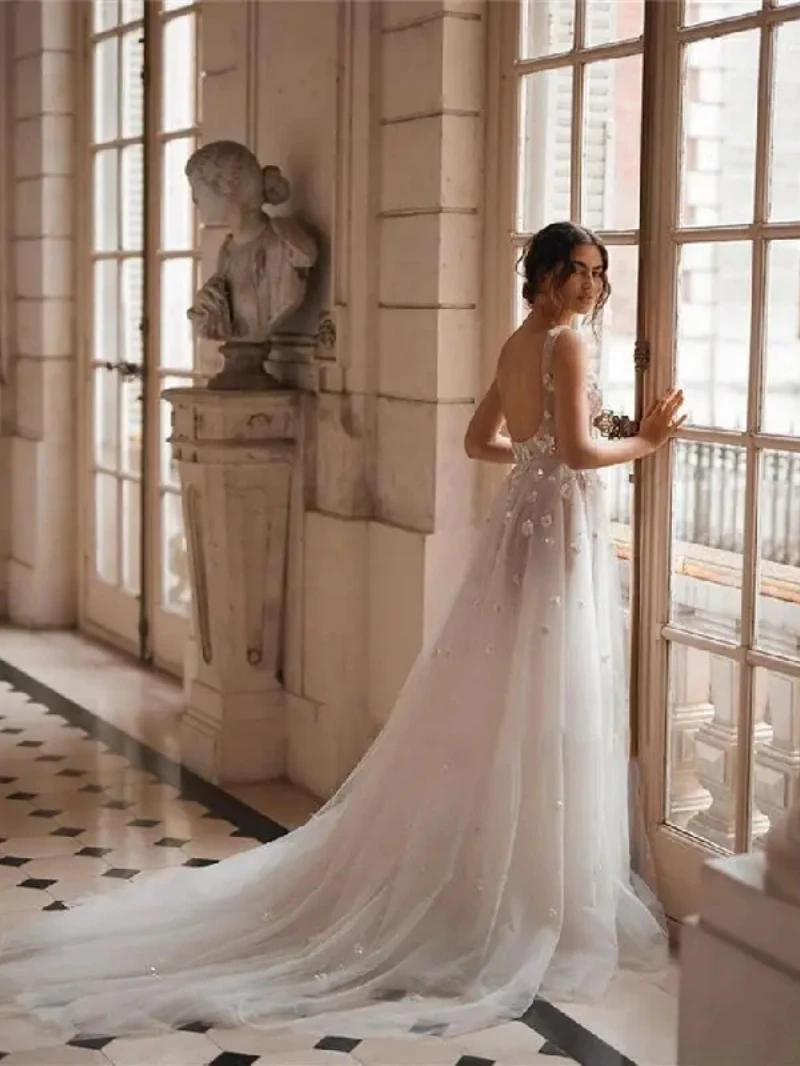 Vestidos De Novia clásicos para mujer, Apliques De encaje elegantes con Vestidos De Novia, túnicas De tul De línea a para fiesta Formal