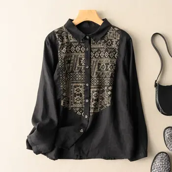 Giappone quotidiano motivo geometrico stampa sottile cotone lino Polo collo Patchwork stile etnico tribale camicia donna monopetto