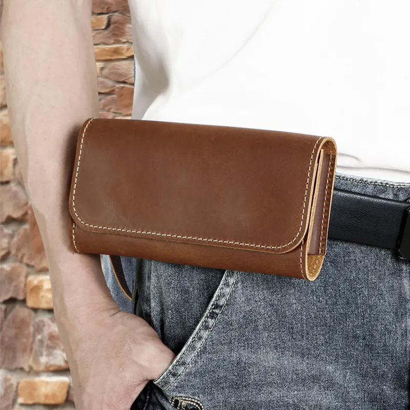 GOYN Men's Phone Wallet Waist Bag Vintage Genuine Leather Cell Phone Holster Belt Pouch Mobile Phone Bag Travel Hiking Case