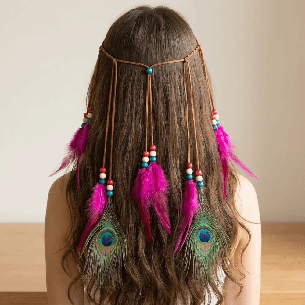 Cascading Tassels Long Feather Headpiece Intricate Beadwork Braided Cord Bohemian Tassel Headband Hand-tied Plumage