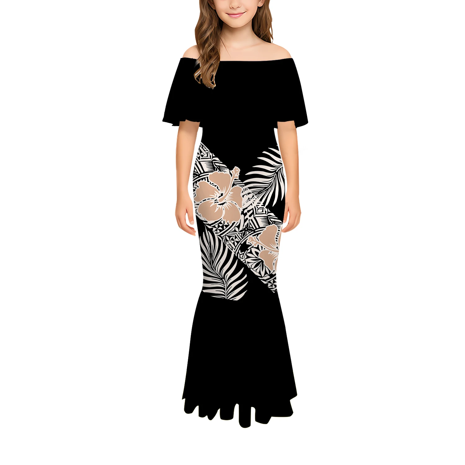 Sukienka na jedno ramię, wyszczuplająca, długa, z trenem typu rybka, modny kwiatowy wzór, elegancka sukienka dziewczęca, polinezyjska odzież szyta na miarę.