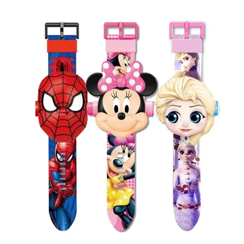 24 pictures of Marvel cartoon 3D projection electronic watch Frozen Mickey with flip anime toys Creative gifts for children toys