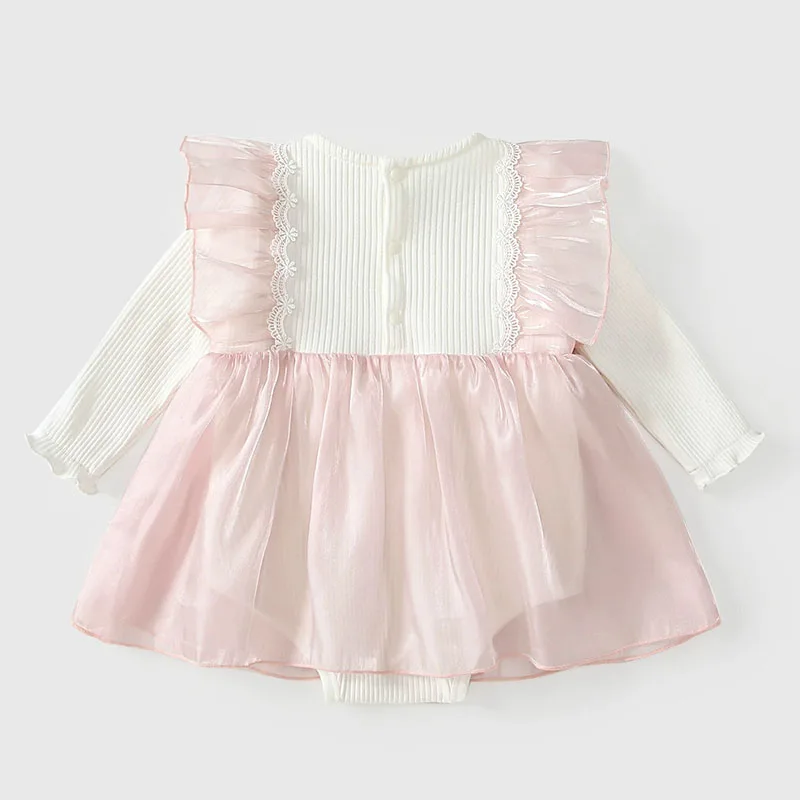 2Piece Sets Spring Autumn Baby Girl Clothes Korean Cute Bow Mesh Cotton Long Sleeve Pink First Birthday Dress Newborn Items B250