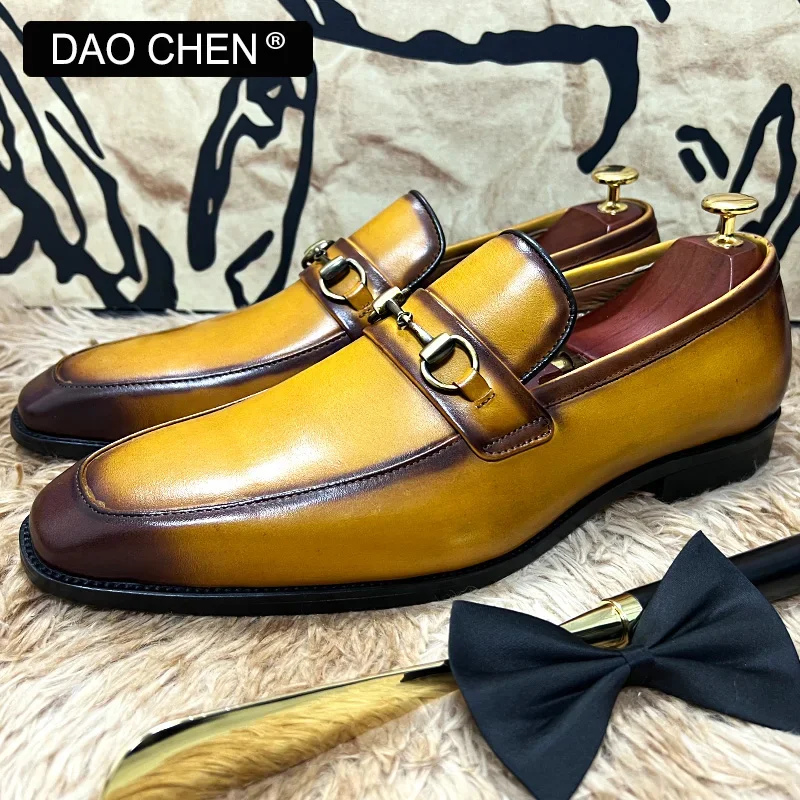 ITALIAN REAL LEATHER SHOES MEN BLACK YELLOW LUXURY HORSEBIT SHOE CASUAL DRESS MAN SHOES WEDDING OFFICE BANQUET LOAFERS FOR MEN