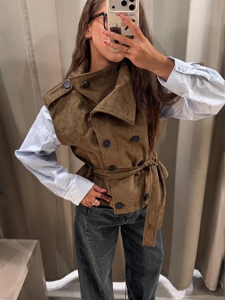 Women's Suede-Effect Sleeveless Double Breasted Vest With Self Tie Belt High Collar Pockets Shoulder Epaulets Outerwear Top 2026