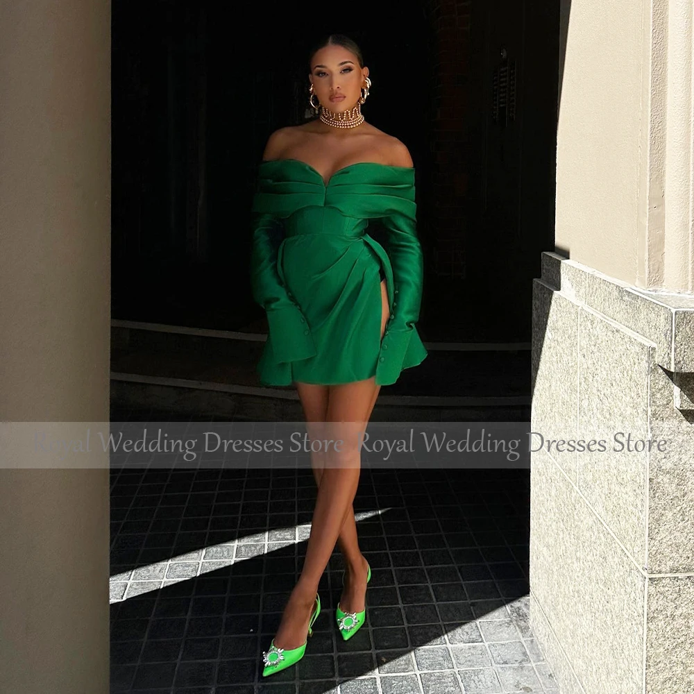 Women\'s Cocktail Dress Mini Emerald Green Long Sleeves Off the Shoulder  Gowns Short Side Slit Satin Sexy Party Dresses