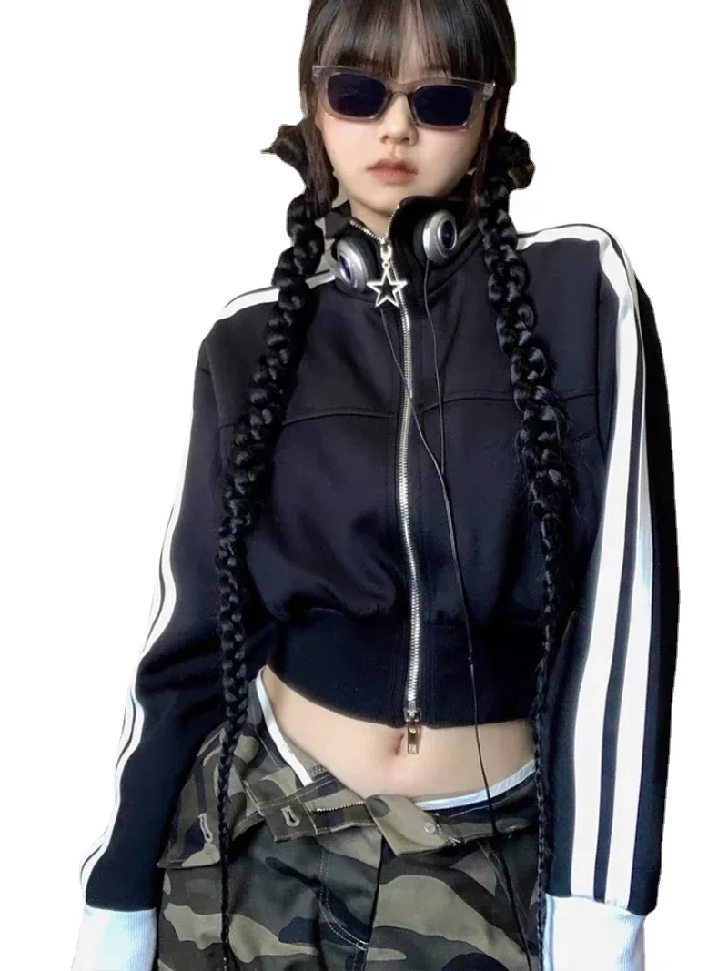 Women Vintage Korean Fashion Streetwear Zip Up Crop Hoodies Harajuku Striped Cropped Zipper Jackets Kpop Sweatshirt Clothes Y2k
