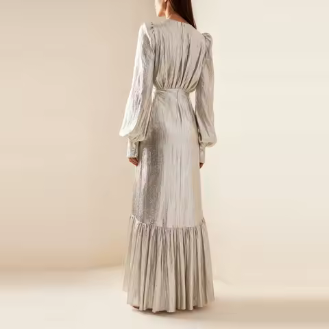 Ladies O-neck Pleated Spring Robe Dress Lantern Sleeves Design Solid Color Evening Dress Elegant High Waisted Holiday Long Dress