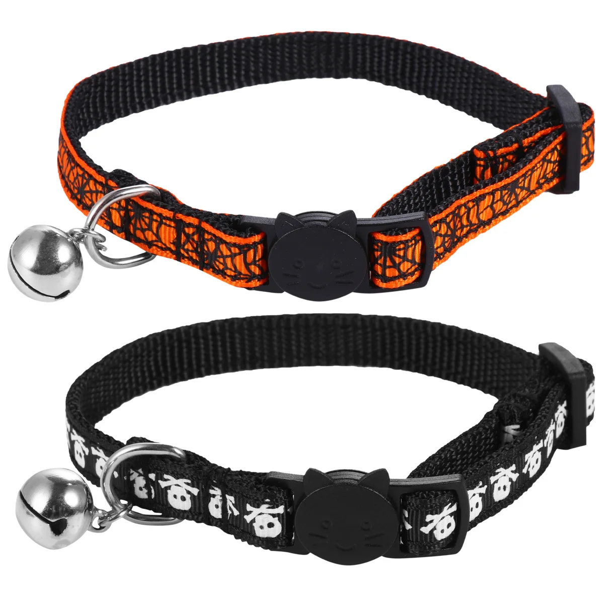 

2Pcs Pet Collar Adjustable Elastic Halloween Spider Web Skull Design Large Bell Cat Collar Neck Chain Pet Necklace Decoration