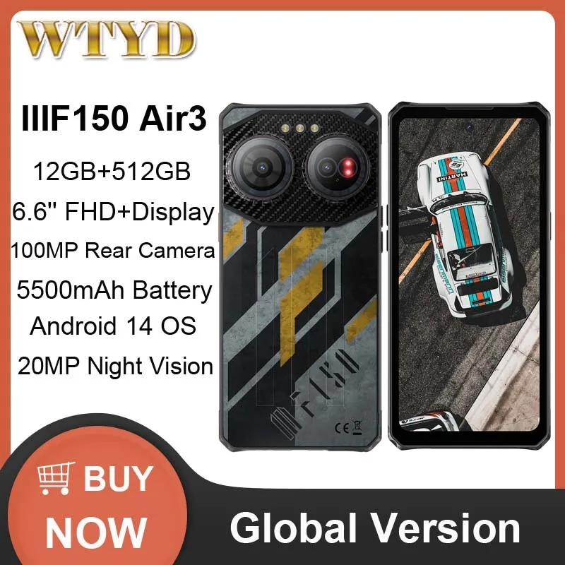 IIIF150 Air3 Rugged Phone 12GB+512GB Night Vision 6.6'' Android 14 Helio G96 100MP Rear Camera 5500mAh Battery NFC 4G Smartpone