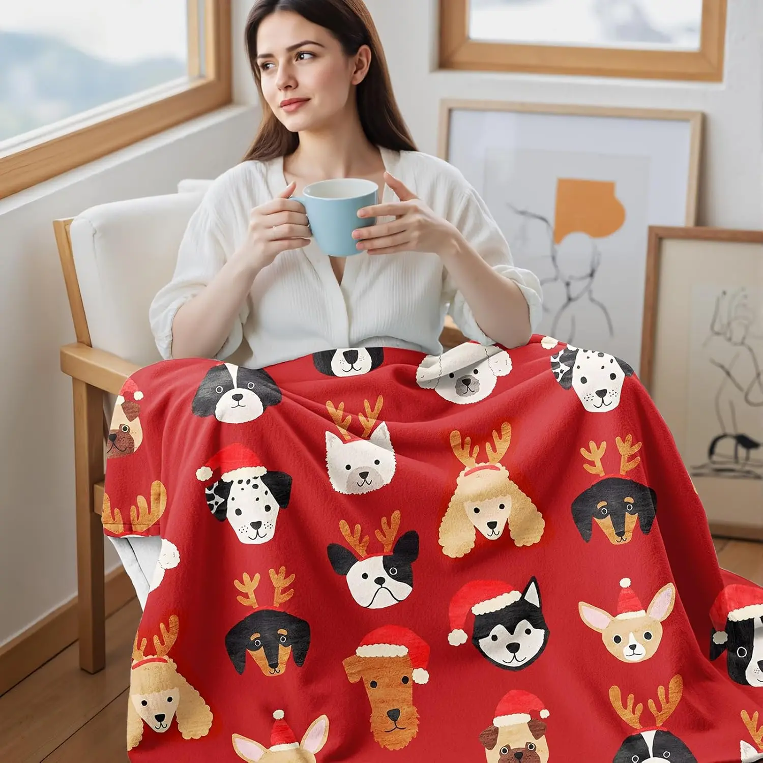 Christmas Dog Lover Throw Blanket - Cozy Flannel Throw with Festive Dogs in Santa Hats & Reindeer Antlers, Soft Holiday Blanket