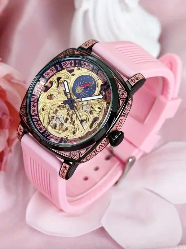 

Мужские полностью автоматические механические часы с розовой лентой в повседневном стиле, модные изысканные тисненые циферблаты с фазой луны