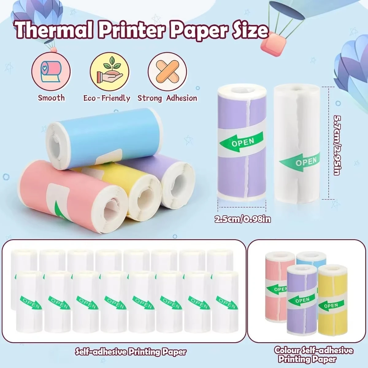 Mini Printer Paper Thermal Printer Sticker Paper for M02/T02 and 57mm Sticker Printer, 57x25mm, for Photo Journal Notes Memo