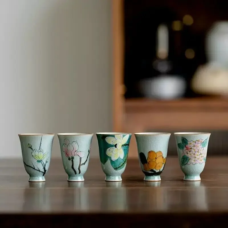 5pcs/lot handpainted floral porcelain tea cup crackle glaze boutique aroma cup