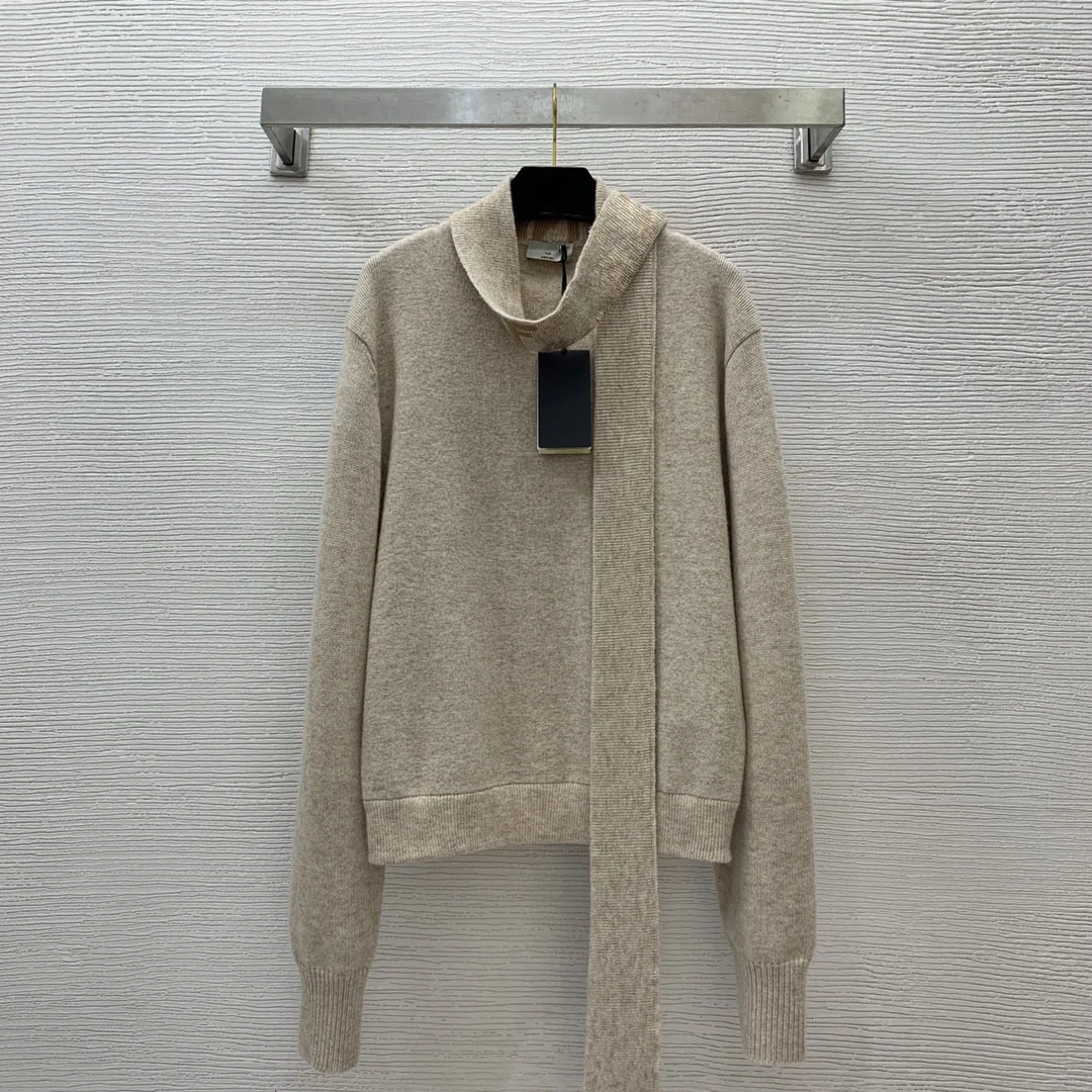 High end boutique custom wool cashmere blended yarn fabric, letter logo tie collar, loose and versatile pullover sweater top