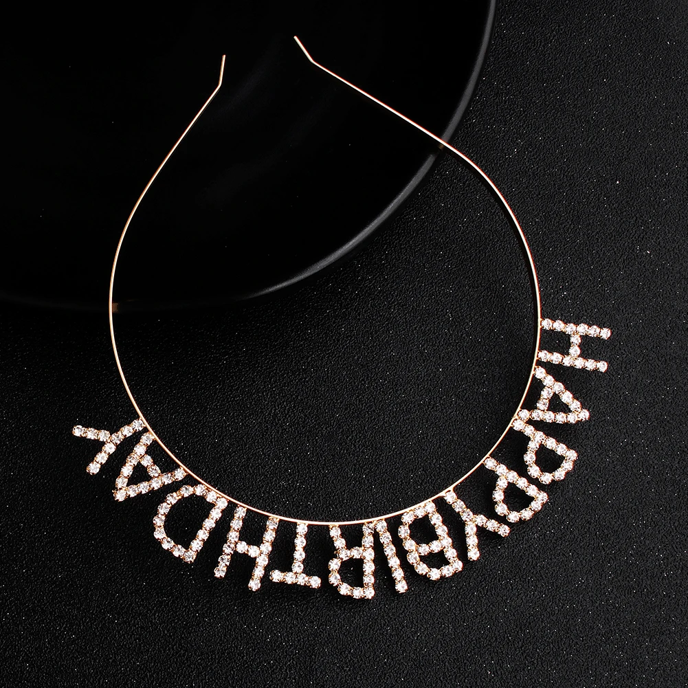 Glänzendes Strass-Stirnband mit englischen Buchstaben „Alles Gute zum Geburtstag“ für Frauen, Zinklegierungsmaterial, Party-Schmuck, beliebtes Haar-Accessoire – Detail 15
