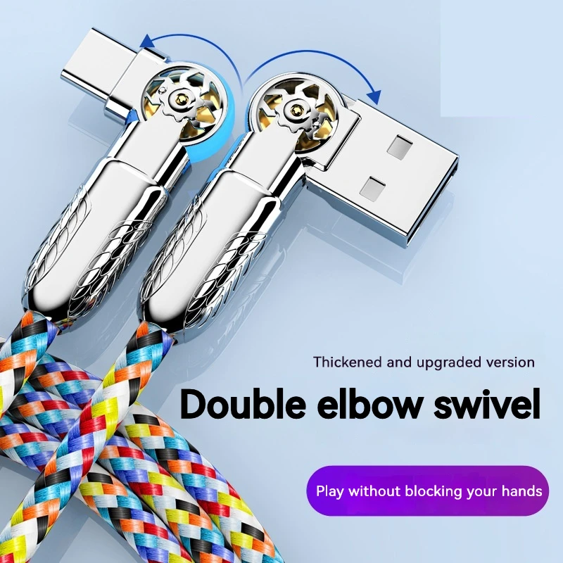 Usb A To Type C Fast Charging Cable Double Elbow Rotation Usb Cable with Light Zinc Alloy Head Braided Data Cable for Xiaomi