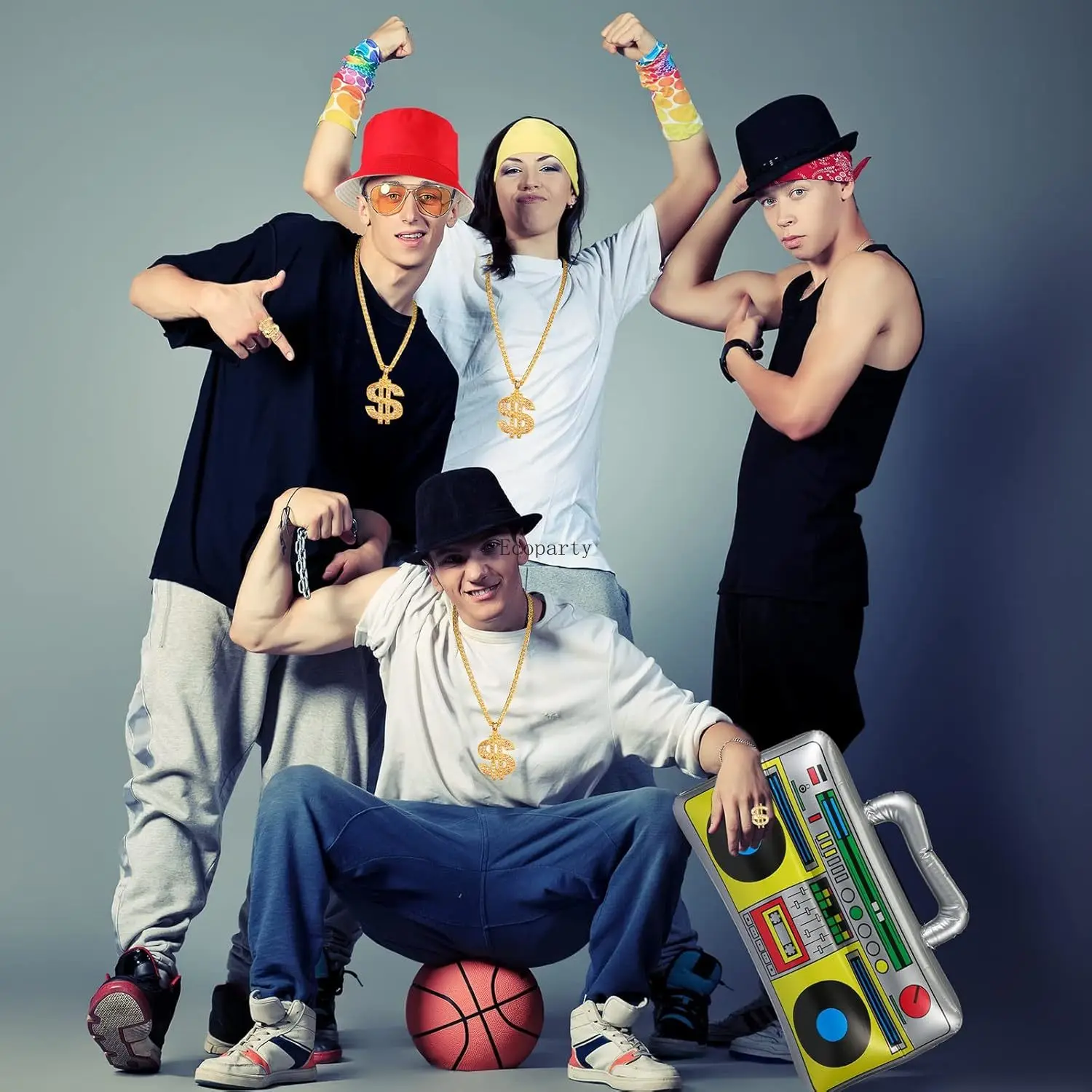 Halloween 6 Pcs 80s 90s Hip Hop Costume Outfit Kit Inflatable Radio Boombox Necklace Ring Sunglasses Hat Rapper Accessories set