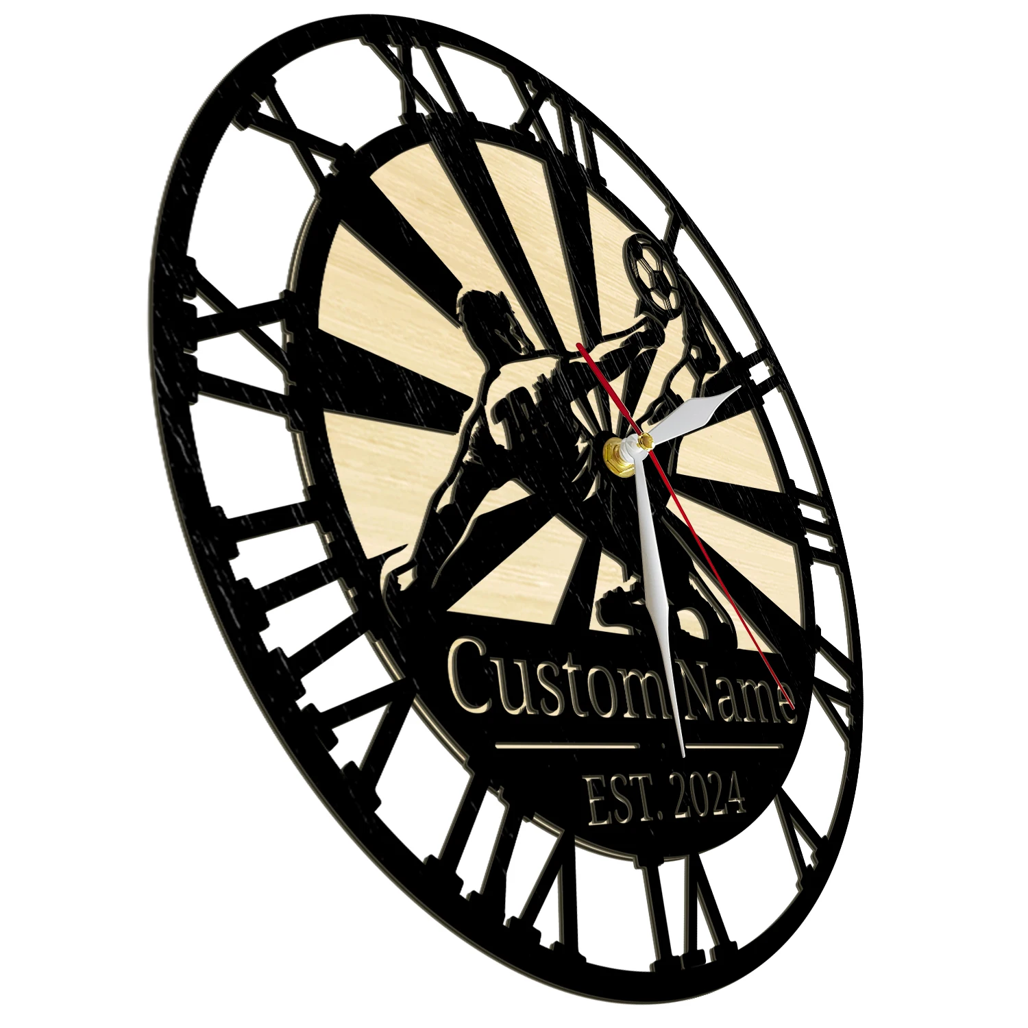 Personalized Name Football Bicycle Kick Eco Friendly Natural Wood Clock Custom Football Player Shoot Soccer Wooden Wall Clock